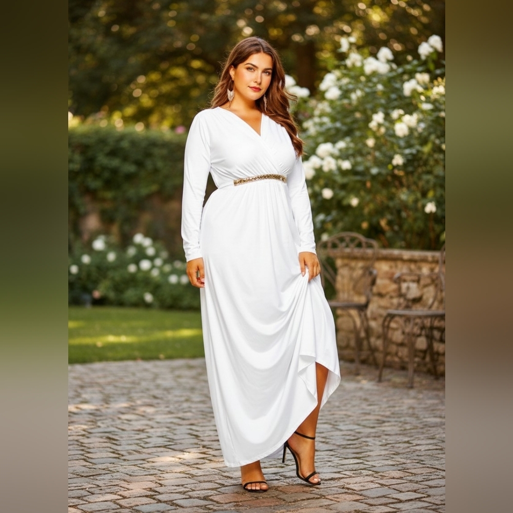 Maxi Dress Long Sleeve Tall Attached Belt V Neckline Dress Victorian Plus Sz